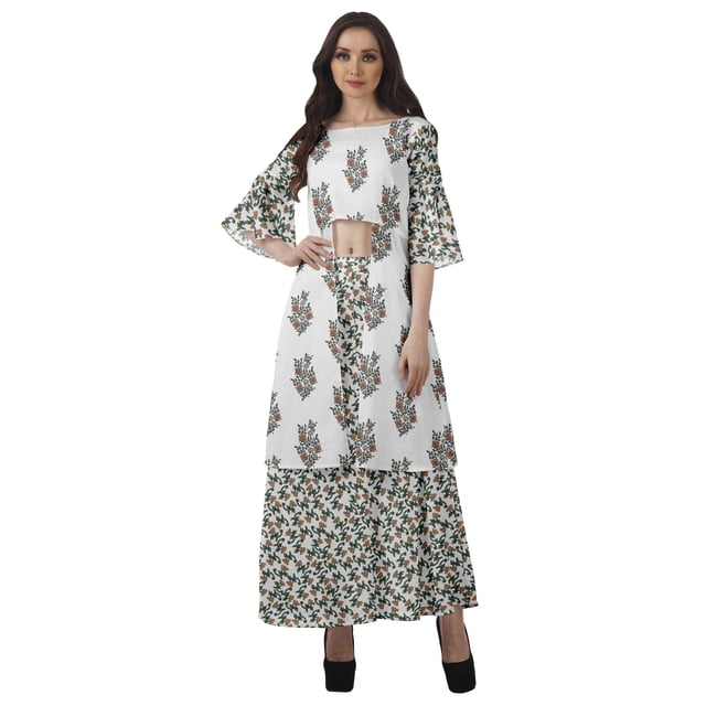 Moomaya Printed High Low Crop Top Kurti Palazzo Set Ethnic Indian Clothing Set For Womens