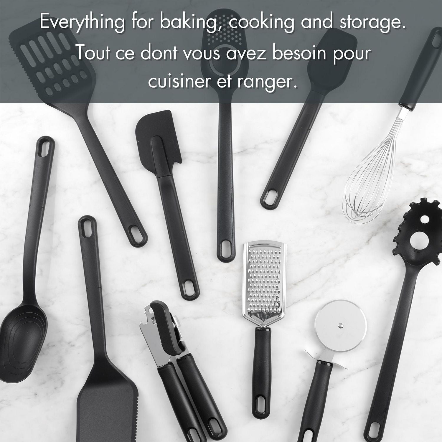 Ensemble 36 pc d'ustensiles pour cuisine Mainstays avec plateau de rangement, noir et transparent