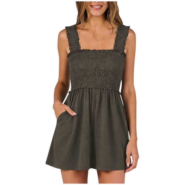 RXMEKW Strapless Smocked Jumpsuit with Ruffle Straps for Women Wide Leg Short with Pockets Olive
