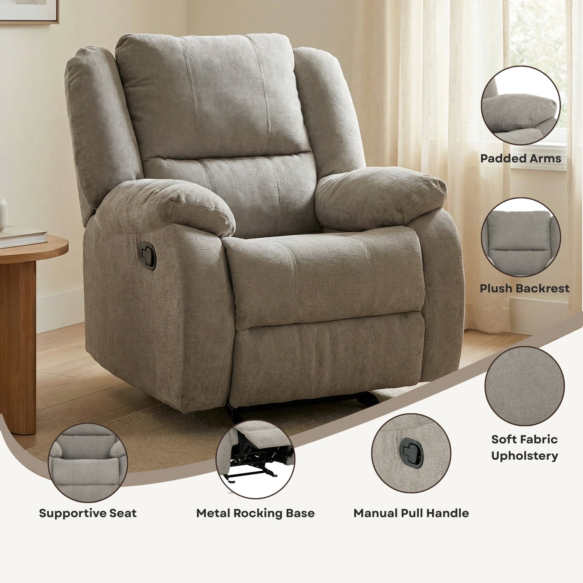 Fauteuil berçant inclinable Primo Amos – Fauteuil rembourré 36 po avec accoudoirs matelassés, mouvement berçant doux, tissu neutre – Pour salon