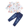 thumbnail image 1 of Ensemble de Costume pour Enfants 2 Pcs, Haut à Manches Longues à Col Rond Imprimé Floral et Jeans Déchirés pour Filles, 1 of 1