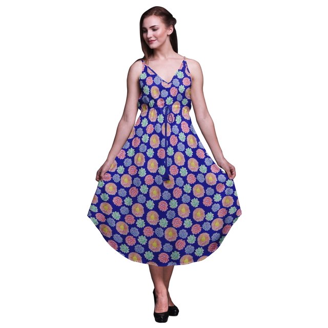 Bimba Robe Imprimée Florale pour Femmes Bretelles Spaghetti Col en V Midi Plage-TG