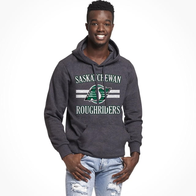Licensed CFL Roughriders Popover Men's Grey Hoodie with Saskatchewan Roughriders green and white logo and text on front, featuring a front kangaroo pocket and adjustable drawstring hood, made of 60% cotton and 40% polyester, ideal for casual wear or layering.