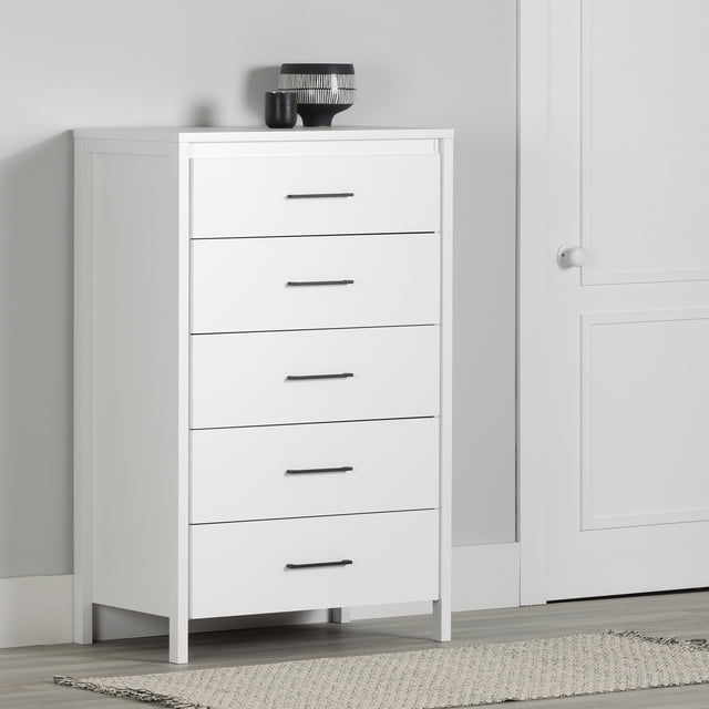 South Shore Gravity 5-Drawer Chest for Adult in pure white with five wide drawers featuring slim black handles and squared legs, shown in a minimalist room with light grey walls, a white door, and a textured beige rug, suitable for small bedroom storage and organizing clothes efficiently.