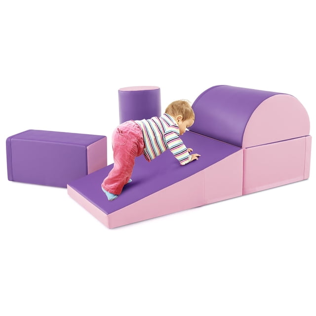 Gymax 5 PCS Kids Climb & Crawl Activity Playset Soft Foam Block Toddler Play Structure featuring five foam blocks in purple and pink, including a small rectangle, large rectangle, triangle, cylinder, and half-moon shapes. A toddler is climbing on the triangle block, showcasing its use for motor skill development. The foam blocks are made of child-friendly EPE foam with a waterproof PU cover for easy cleaning. Suitable for home, daycare, or preschool settings.