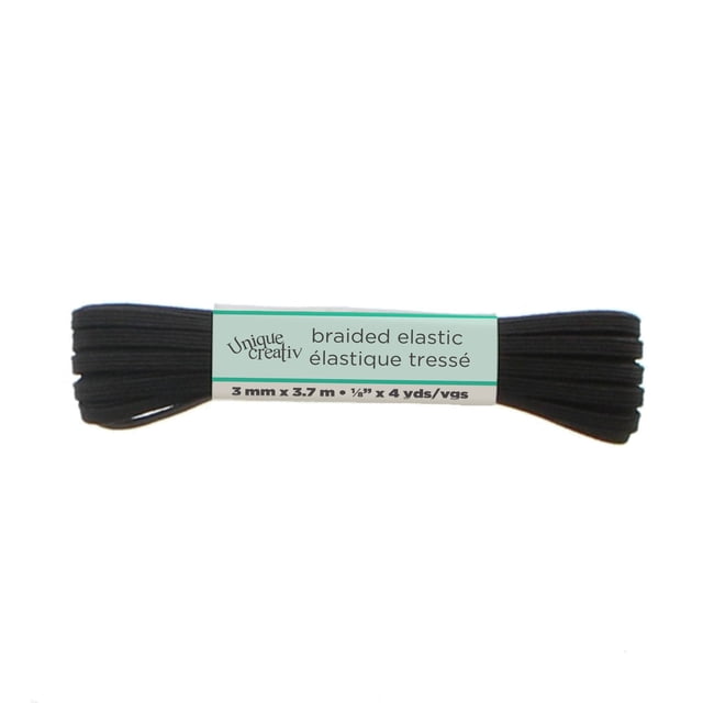 Unique Creativ Élastique Tressé Noir, 3 mm par 3,7 m (1/8 Pouce par 4 Verges), Bande Élastique Tressée Noire avec Excellente Capacité d'Étirement, Convient pour Coudre des Ceintures, des Manches et des Décolletés, Se Resserre Lorsqu'Étirée.