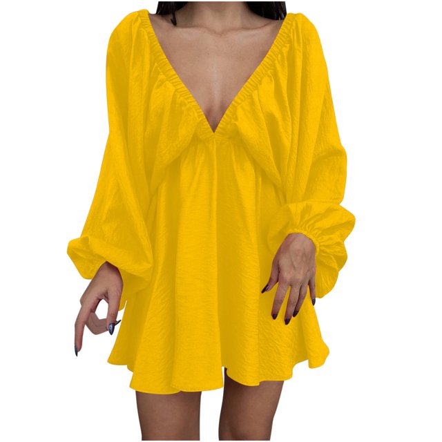 Robe Longueur Genou pour Femmes Col en V Longueur Genou Robe à Manches Longues Aguichant Rétro Robe Ample Aguichant Longue Robe pour Femmes Robe Ample pour Femmes Longue Robe Aguichant pour Femmes