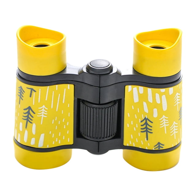 4X30 Binoculars Shockproof Rubber Mini Lightweight for Kids with a vibrant yellow design featuring tree patterns, black central focus wheel, and rubber-coated eyepieces for shock absorption. Compact optics with 4X magnification, suitable for outdoor exploration, bird watching, and camping.