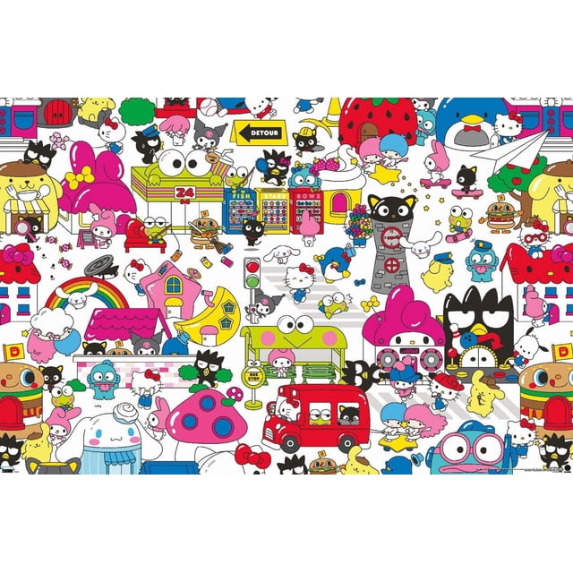 Hello Kitty and Friends: Hello - Group Wall Poster, 22.375" x 34", a glossy, high-resolution print featuring Sanrio characters including Hello Kitty, My Melody, Keroppi, and Badtz-Maru in a colorful cityscape with a red bus, mushroom house, rainbow, and traffic lights, suitable for bedrooms, offices, or dorms and easy to hang with included adhesive mounts.
