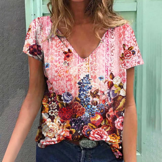 Drppepioner 2024 T-Shirts Tendance d'Été pour Femmes Femmes Blouse Imprimée d'Été T-Shirts Décontractés à Col en V à Manches Courtes T - Hauts Rouge Melon D\'eau 12(TG)