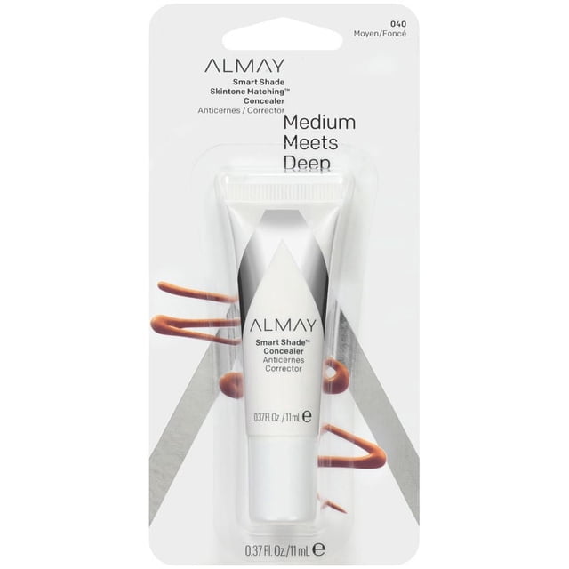 Almay Smart Shade Skintone Matching™ Concealer in a 0.37 fl oz (11 ml) white squeeze tube with black and gray geometric design, packaged in clear plastic on a white card labeled Medium Meets Deep shade, designed for light to medium coverage and sensitive skin, using Tonemimic™ technology to blend to your perfect shade.