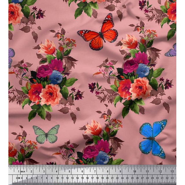 Soimoi Velvet Fabric Leaves, & Peony Floral Decor Fabric Printed Yard 58 Inch Wide