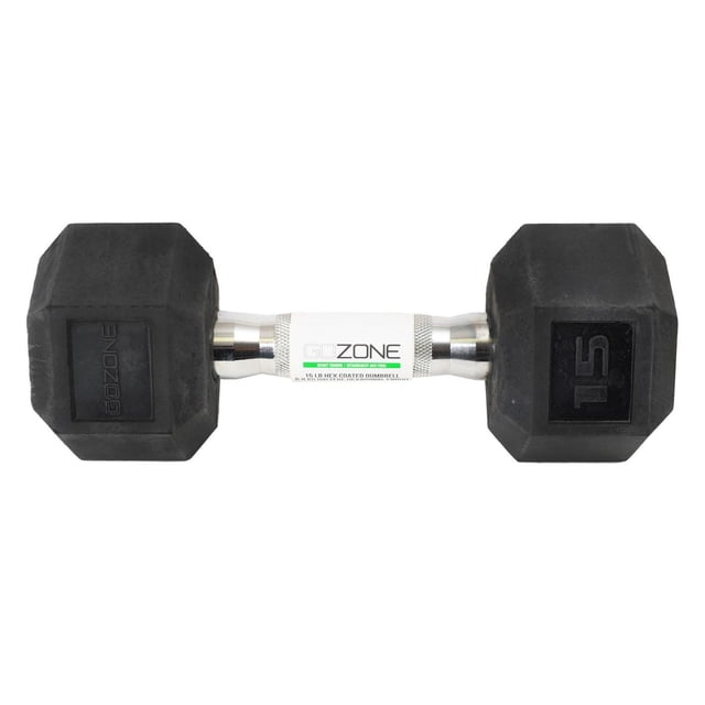 GoZone Rubber-Coated Hex Dumbbell 15 lb in black and chrome with hexagonal no-roll design, contoured chrome-plated handle with textured grip, and durable rubber coating to protect floors, ideal for strength training and muscle building.