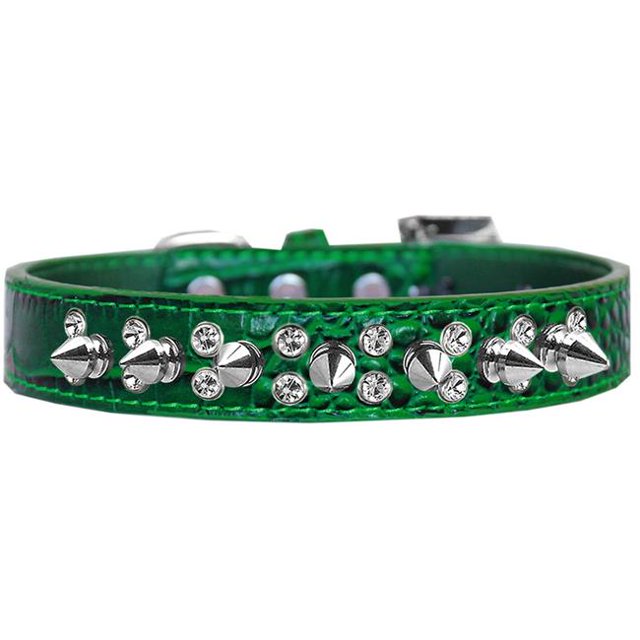 Double Crystal And Spike Croc Dog Collar Emerald Green Size 12