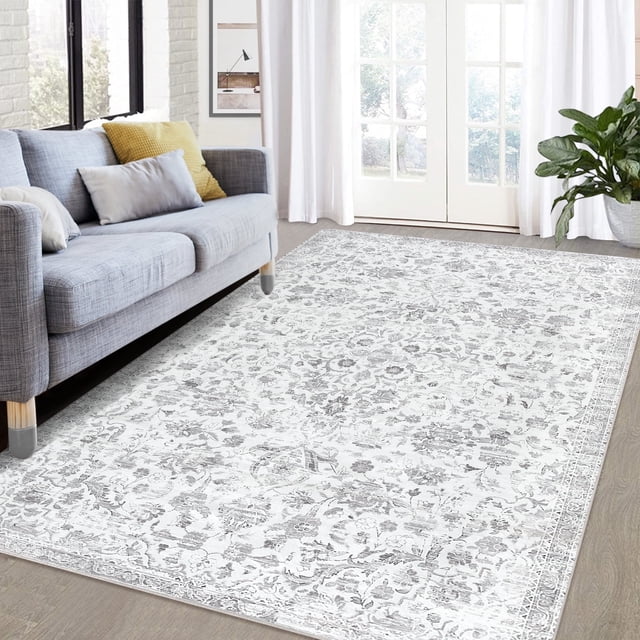 YUSAZENS 4x6 Vintage Floral Distressed Print Traditional Washable Non Shedding Foldable Thin Accent Area Rug Gray