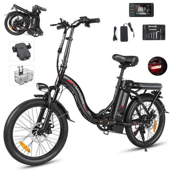 SAMEBIKE  Folding Electric Bike for Adults, 600W Peak Motor 20 mph, 43 Miles Range 36V 13Ah Removable Battery, 20" Step-Through E-Bike with Shimano 7-Speed, LCD Display, UL2849 Certified