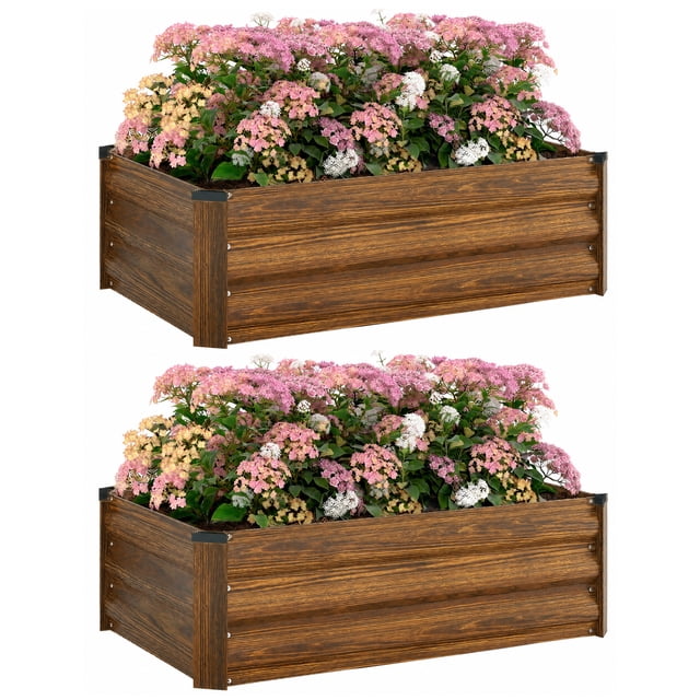 Outsunny Set of 2 Raised Garden Beds, Galvanized Planter Box, Dark Brown
