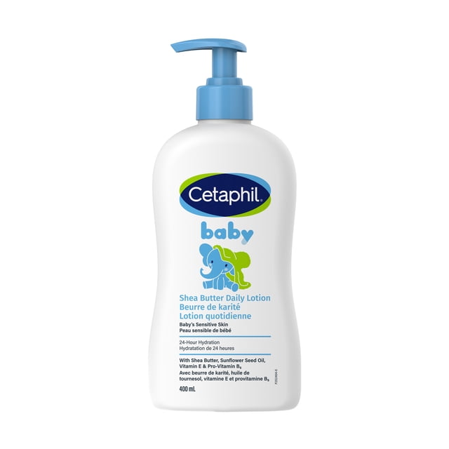 Cetaphil Lotion Quotidienne au Beurre de Karité pour Bébé 400 ml, Bouteille à Pompe avec Distributeur Bleu, Formulée pour la Peau Sensible de Bébé avec Beurre de Karité, Huile de Graines de Tournesol, Vitamine E et Pro-Vitamine B5, Offrant une Hydratation de 24 Heures et une Hydratation Douce dans les Soins de la Peau pour Bébé.