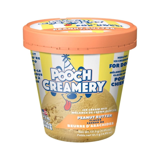 Pooch Creamery Peanut Butter Ice Cream Mix for Dogs in a small tub with an orange lid, featuring a yellow and white striped label with a cartoon dog wearing a party hat, a healthy lactose-free frozen dog treat made in the USA, net weight 131.5 g (4.65 oz), ideal for dog birthdays and frozen desserts.