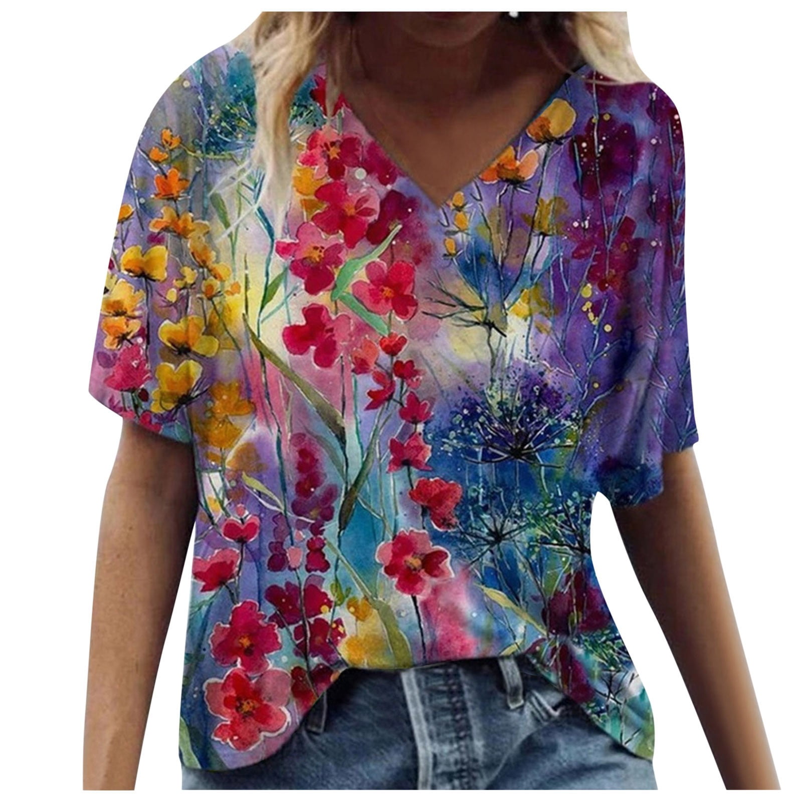 Grande Taille Femme Manches Courtes Imprimé Col en V Hauts Tee T-Shirt Blouse