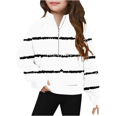 Milgrthf Girls Stripes Collar Sweatshirts Casual Half Zip Crew Neck Tops Trendy Long Sleeve Teen Girls Pullover with Thumb Holes White 11 Years