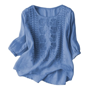 Lixiuxyad Women's Neck Floral Embroidered T Shirt Casual Summer Top For Daily Wear With Pure Color Design Blue L