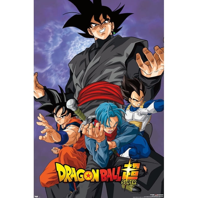 Dragon Ball : Super - Affiche Murale de Méchant, 22,375 Pouces x 34 Pouces Représentant Quatre Personnages de Dragon Ball en poses d'Action Dynamiques contre un Ciel Nuageux Violet. la Plus Grande Figurine Porte une Tenue Gris Foncé avec une Ceinture Rouge et une Boucle d'Oreille Verte, Debout derrière Trois Autres : l'Un dans un gi orange Se Tendant vers l'Avant, un Autre avec des Cheveux Bleus Tenant une Épée, et un Troisième en Armure Bleue et Blanche Se Préparant à Frapper. le logo Super de Dragon Ball