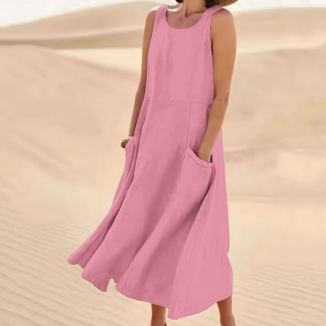 Meichang Robes Sans Manches en Lin pour Femmes Été Coupe Ample Col Rond Décontractées Robes d'Été Évasées Plage Vacances avec Poches