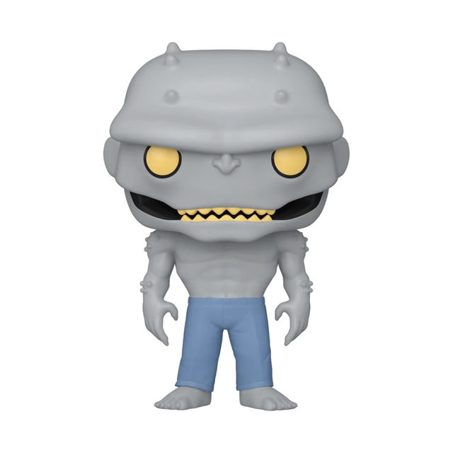 Funko Pop! Heroes: Batman: The Animated Series - Killer Croc Vinyl Figure showing a front-facing vinyl figure about 9.6 cm tall with a large gray head featuring horn-like bumps, yellow eyes, jagged yellow teeth, muscular gray torso, and blue pants, ideal for adding to a DC villain collection.