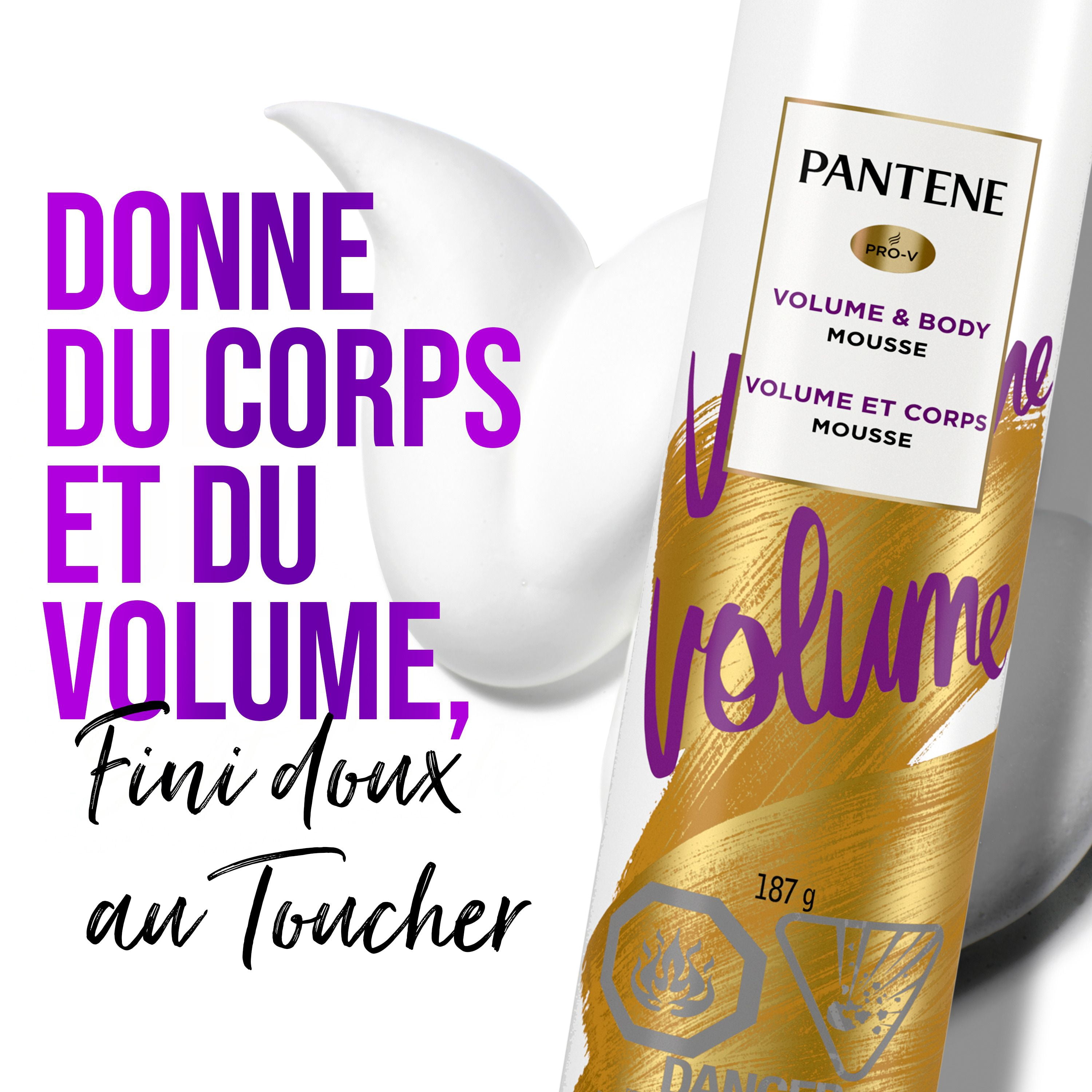 Mousse amplifiante Pantene Pro-V Volume pour donner une ampleur maximale aux cheveux fins et plats