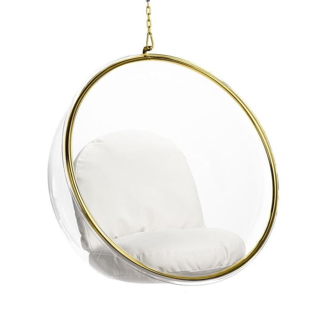 Plata Decor Chaise Bulle Suspendue avec Chaîne Dorée, Chaise Oeuf Suspendue en Acrylique transparent de 44,5 Po avec Cadre et Chaîne en Métal Doré, avec Siège et Dossier Rembourrés Blancs, Convient aux Sièges de patio Intérieurs Ou Extérieurs.