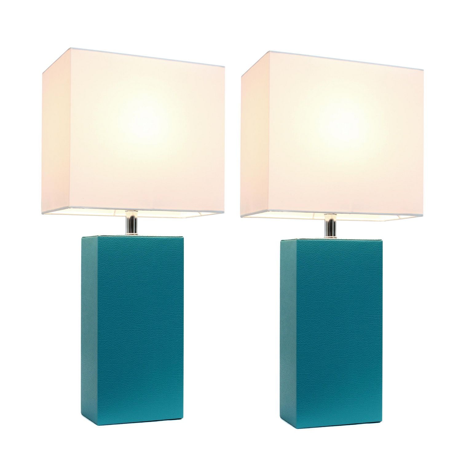 Designs élégants 2 Pack Lampes de table modernes en cuir avec abat-jour en tissu blanc, Teal