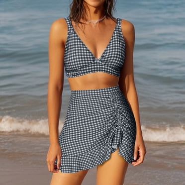 Amzcrzy Women's Swimsuits Womens Plaid Two Piece Swimsuits Bandage Bathing Suits Roudn Neck Blackless Swimwear 3 Piece Swimsuits for Women Women's Tankini Swimsuits Beach Vacation Essentials