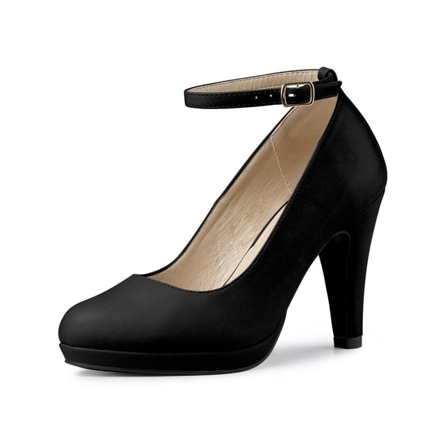 BLISSFUL STEP Chaussures pour Femmes Bout Rond Talon Aiguille Bride à la Cheville Escarpins Noir 7