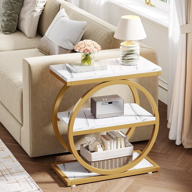 Fnova Side Table with Circular Metal Frame, End Table with 3-Tier Shelves for Living Room, White Gold
