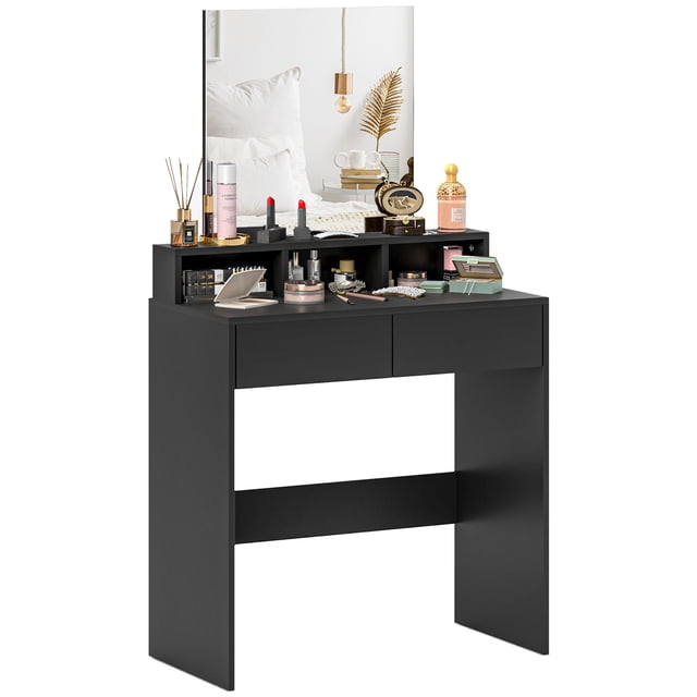 HOMCOM Coiffeuse avec Miroir, Tiroirs, Noir. un Ensemble de Coiffeuse de Chambre Élégant Comprenant un Grand Miroir Sans Cuivre, un Plateau Spacieux, Deux Tiroirs et Trois Compartiments Ouverts pour Organiser les Essentiels de Beauté. Fabriqué en Panneau de Particules Enduit de Mélamine avec Pieds Antidérapants pour la Stabilité. Dimensions : 29,5 Pouces de large, 15 Pouces de Profondeur et 53,1 Pouces de Hauteur.