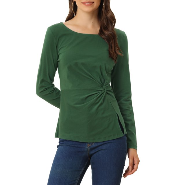 INSPIRE CHIC Hauts pour Femmes Col Rond devant Torsadé Manches Longues Blouses Décontractées S Vert Foncé