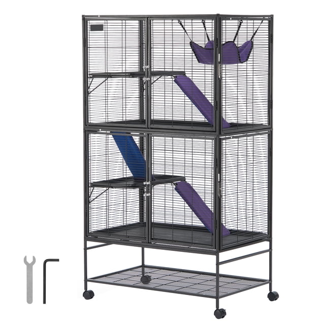 KFFKFF 64.6" metal small animal cage with 4 tiers, featuring a black powder-coated frame, 3 non-slip ramps, 4 platforms, and a hammock. The cage includes lockable wheels for mobility, a pull-out ABS tray for easy cleaning, and a bottom storage shelf. Suitable for ferrets, chinchillas, guinea pigs, and other small pets. Dimensions: 36.2" x 22.8" x 64.6" with 1/2" wire spacing.