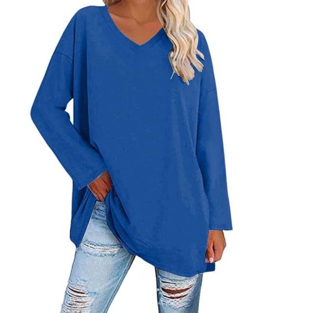 Breezora Tunique à Col Rond Oversize pour Femmes, Manches Longues, Chemise Rayée, Blouse Douce à Coupe Ample, Tenue Décontractée Décontractée, Confort Quotidien 2026, Taille M, Bleu