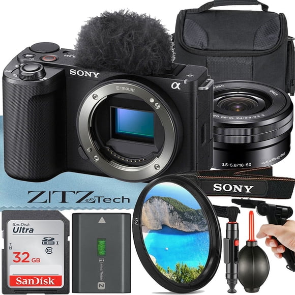 Sony ZV-E10 II Mirrorless Camera (Black) with 16-50mm Lens + SanDisk 32GB Card + Case + UV Filter + ZeeTech Accessory Bundle