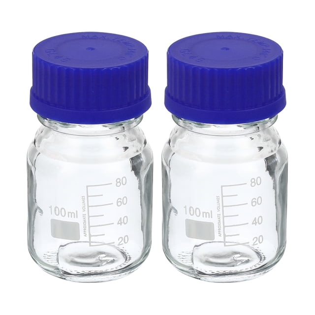 Unique Bargains 100mL Clear Reagent Media Graduated Glass Storage Bottle Blue Cap 2 Pack