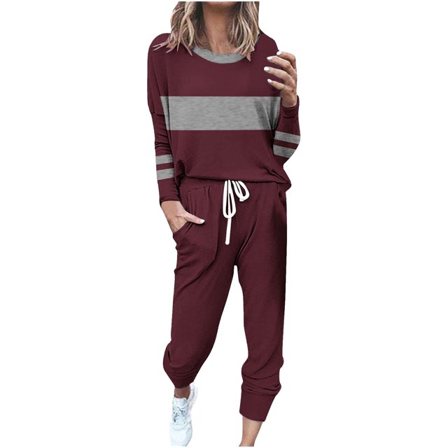 Posijego Ensemble Femme 2 Pcs Tenue Rayée Décontractée Manches Longues Col Ras du Cou Hauts Pantalons à Cordon Ensembles Détente P-5TG