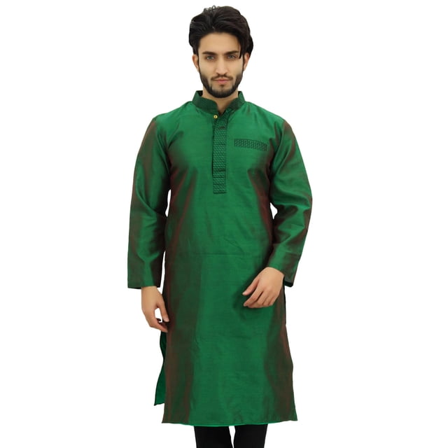 Atasi Kurta Dupion Vert à Col Officier pour Homme, Manches Longues, Chemise Ethnique - Grand