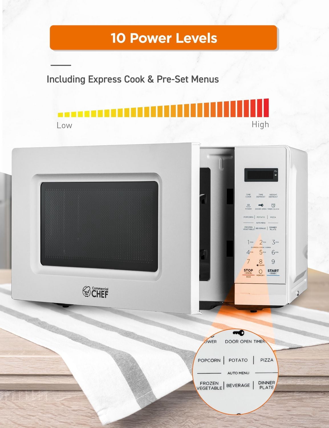 Micro-ondes de comptoir Commercial Chef de 0,7 pi³ avec affichage numérique, blanc Micro-ondes avec 10 niveaux de puissance