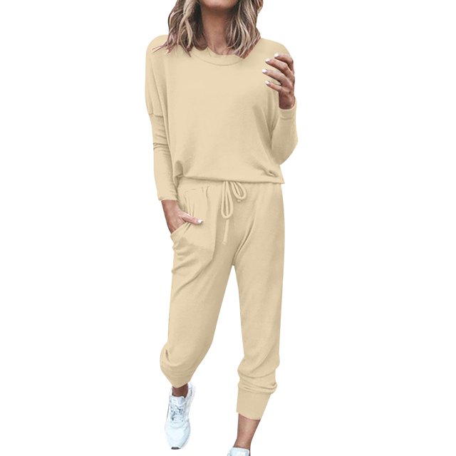 GZWYHT Sets for Women Long Sleeve Sets for Women Women Solid Color Long Sleeve Loose Long Pants 2 Set Lounge Sets for Women Track Suits for Women Set Beige S
