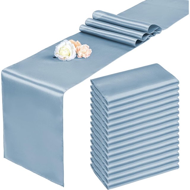 15 Pack Dusty Blue Satin Table Runners 12 x 108 Inch Long Table Runners for Rectangle Round Tables, Smooth Satin Table Runner for Wedding,Birthday Party Banquets Graduation Engagements Decoration