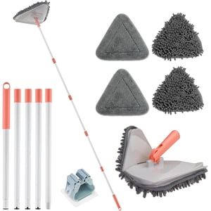 Wall Cleaner Triangle Mop with 82'' Long Handle - Wall Scrubber, Cleaning Washer Tool with 4 Microfiber Chenille Duster Pads for Clean Walls, Ceiling, Windows, Baseboards, Floors (Gray)