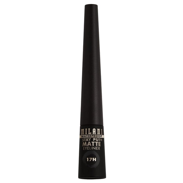 Milani Stay Put® Matte Liquid Liner - Black Waterproof in a slim black matte tube with gold text, offering 17-hour wear, humidity- and sweat-resistant formula, and precision felt tip applicator suitable for precise, long-lasting eye makeup.