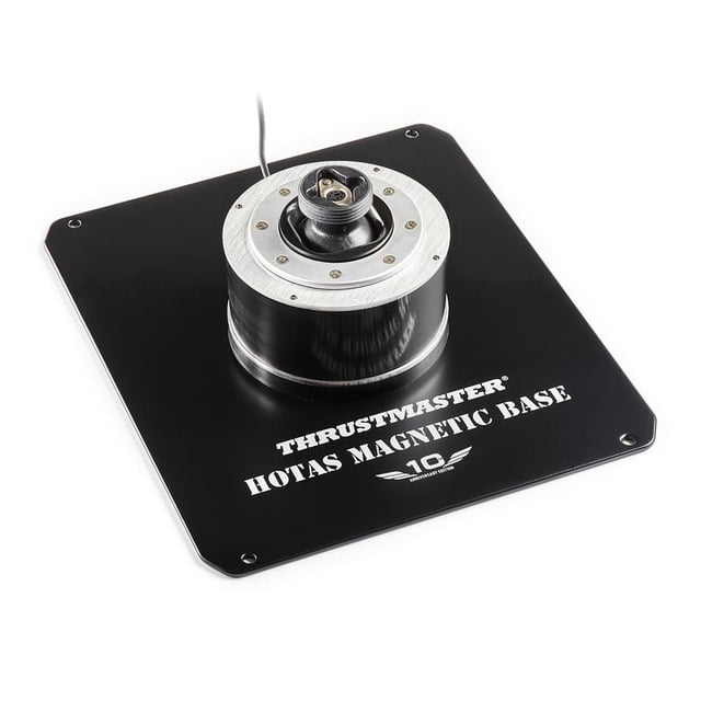 Thrustmaster HOTAS Magnetic Base with a black square metal plate and a silver circular magnetic connector in the center, branded with white text and a 10th anniversary logo, compatible with PC gaming controllers and flight simulation accessories.
