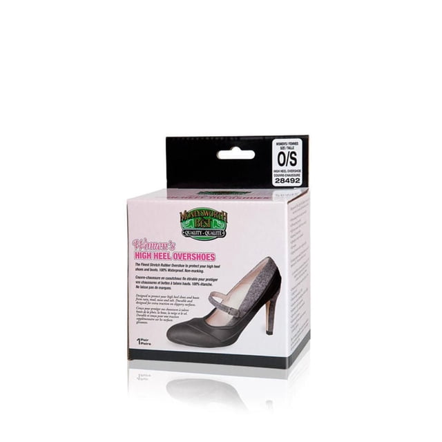 Moneysworth & Best High Heel Overshoes box showing a black women's high heel shoe covered by a clear, waterproof stretch rubber overshoe with a strap, designed to protect shoes and boots from rain, dirt, snow, and salt damage with a non-marking sole for traction.